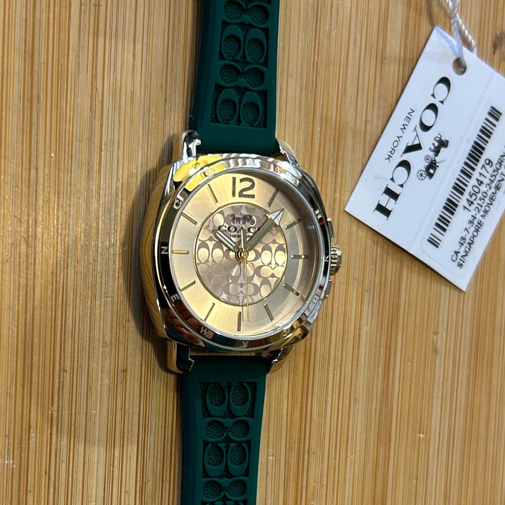 Coach Boyfriend Watch With 34mm Golden Face & Green Rubber Strap - Picture 6 of 12